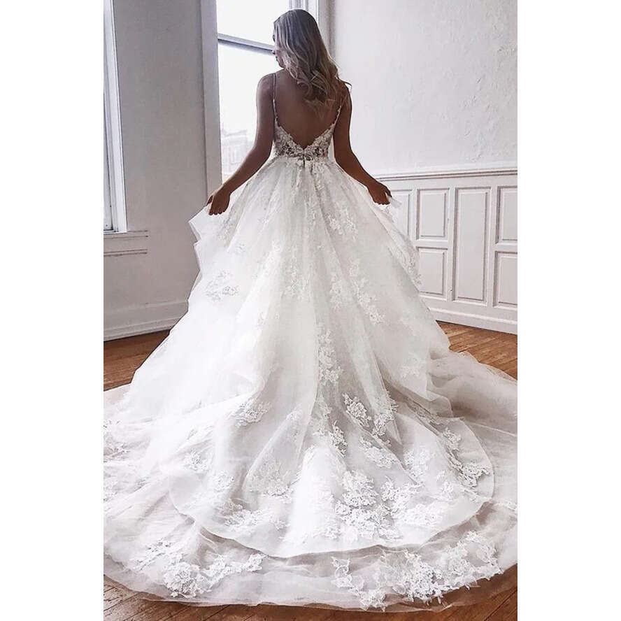 Lace Back Sexy Open Tulle Wedding Dresses A E Spaghetti Straps Appliques Beads Ruffles Long Tran Bridal Gowns Bc3162 ppliques