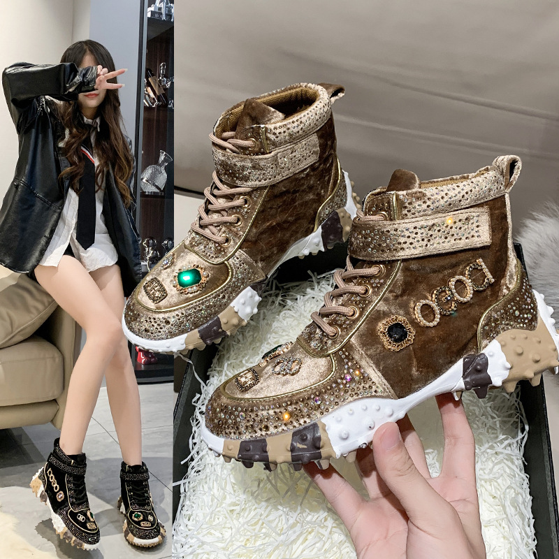 2024 Spring and Autumn New Popular Water Diamond with Diamond Dad Shoes, Women's Trendy Diamond Inlaid Thick soled Single Shoes