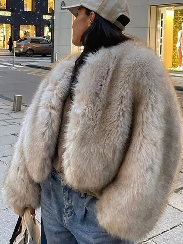 2024 Winter Fashion Fluffy Faux Fur Coat For Women Elegant Loose Long Sleeve Jacket Female Thick Lady Outwear High Street
