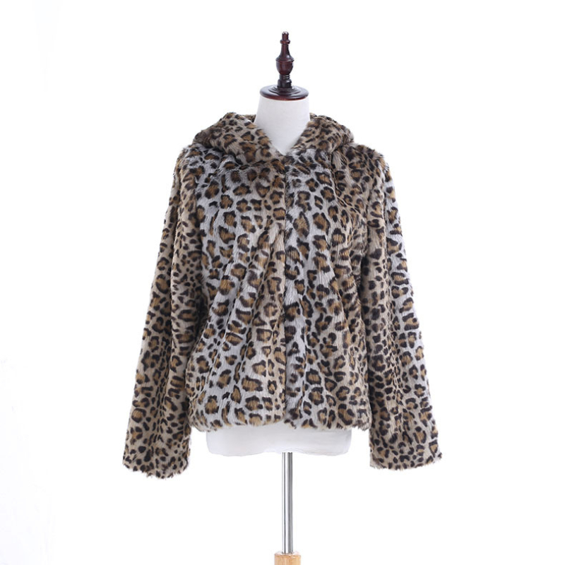 OC2551M9 Women's Faux Fur Leopard Print Hooded Coat Imitating Rabbit Fur and Fur Sunday Angora Yarns Loose and Fashionable Jacket