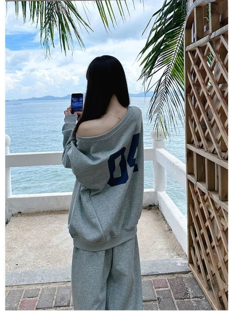 HOUZHOU casual 2-piece womens pants set oversized Korean style set retro letter printed shoulder sportswear 241023