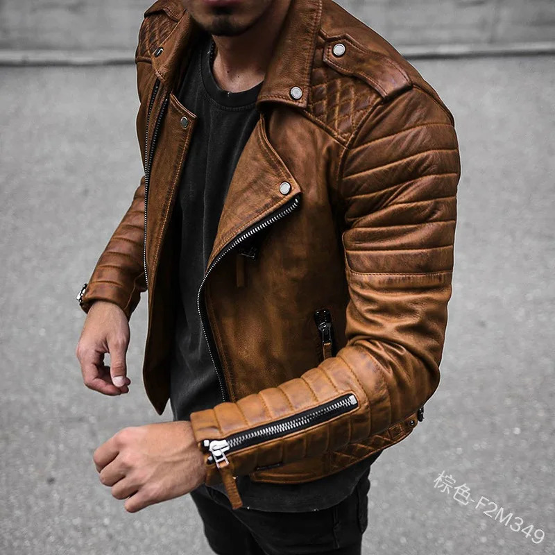 European and American spring/summer fashion slim fit lapel zipper retro style motorcycle mens leather jacket 241023