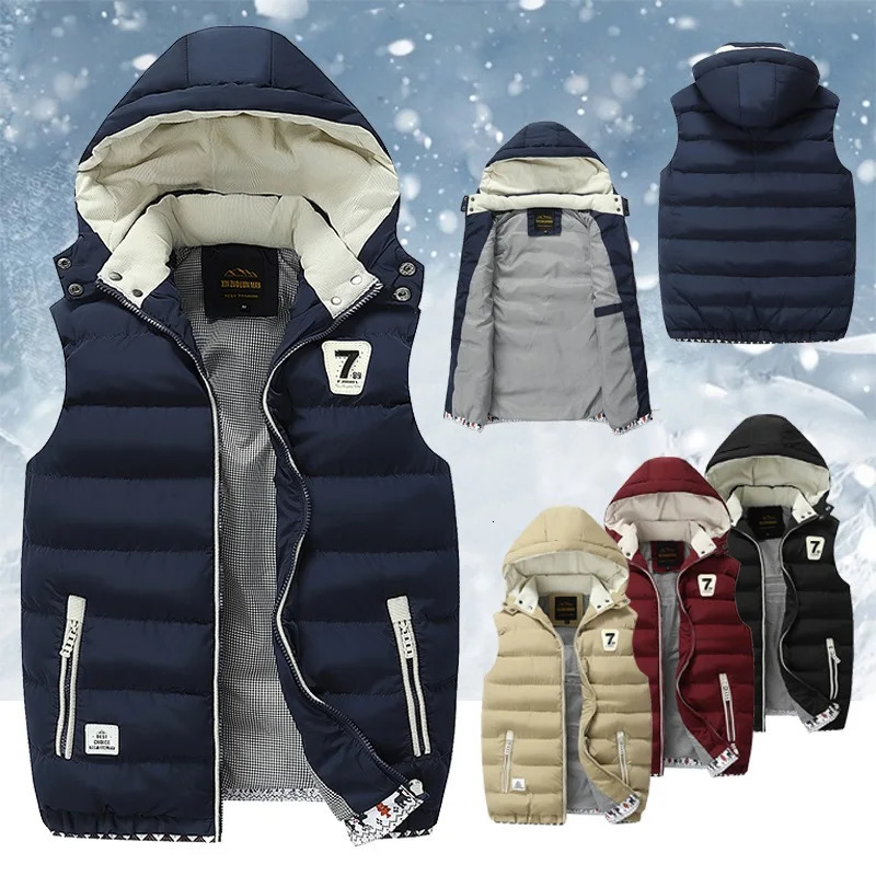 5XL mens winter vest hat detachable vest casual vest sleeveless jacket mens hooded vest jacket warm jacket 241023