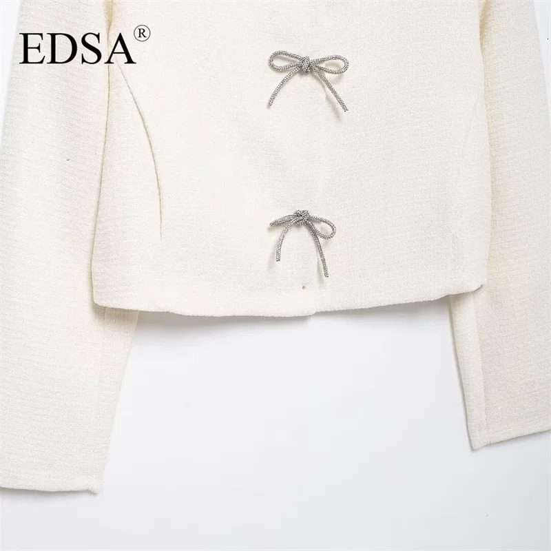EDSA Womens White Coarse Linen Jacket with Bow Retro Single Chest Collar Long Sleeve Texture Coat Womens Unique Womens Clothing 241023