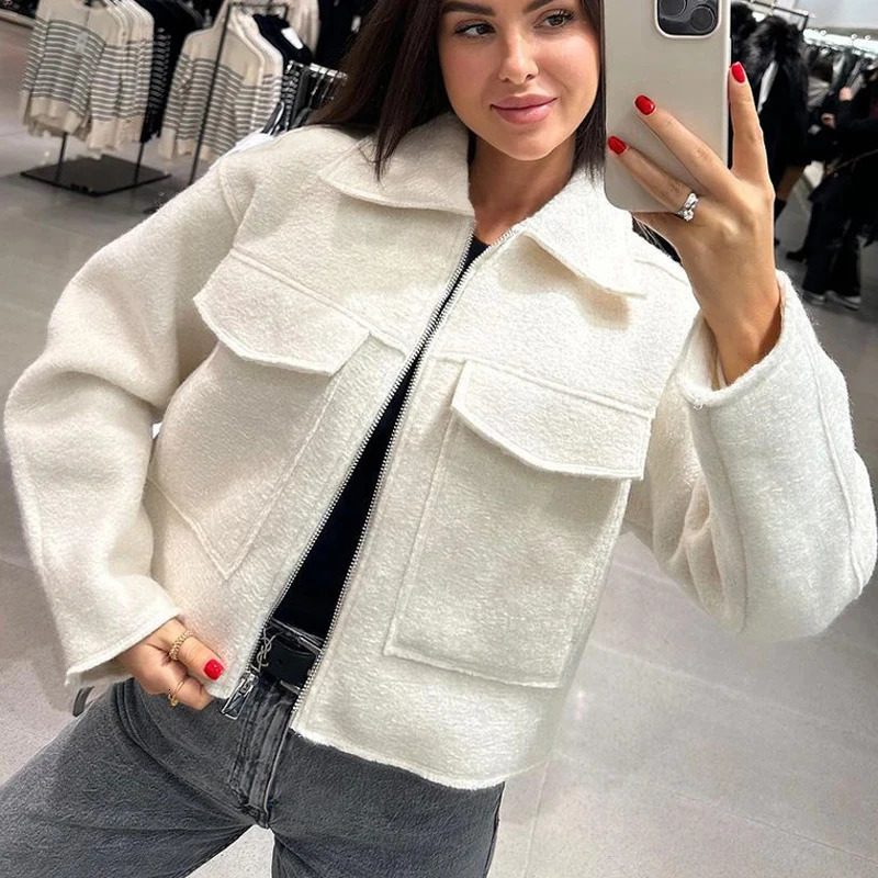 HXAO Womens Fashion Womens Jacket Denim Jacket Autumn Wool and Blended Jacket Long Sleeve Solid Jacket Jacket 241023