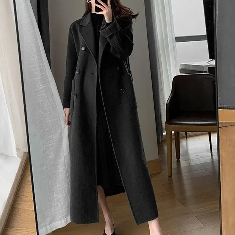 Womens Winter Trench Coat Elegant and Fashionable Korean Casual Wool Coat Navy Blue Lace Long Jacket Black Womens Coat 241023