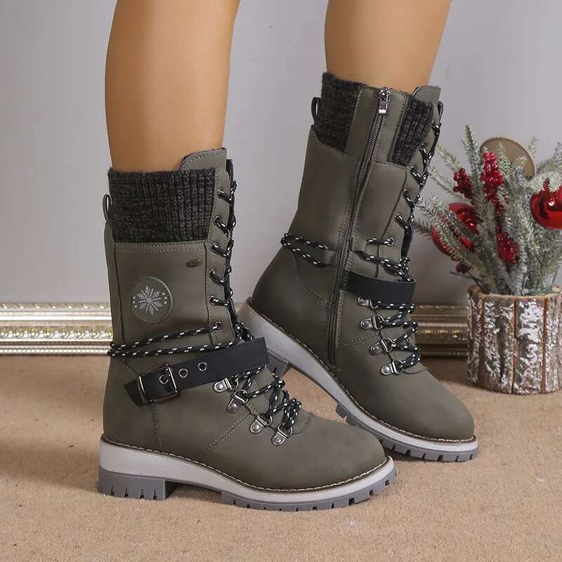 Lace-Up Combat Snow Chunky Heel Platform Women High Sole Increase Height Casual Thick Warm Cotton Boots