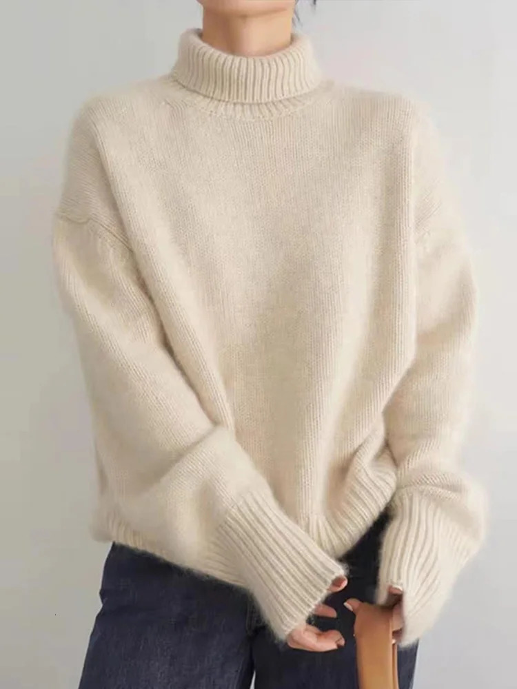 Womens Knitted Sweater Loose Turtleneck Long Sleeve Warm Solid Pullover Basic Elegant Top Autumn Winter Lady Streetwear 241021