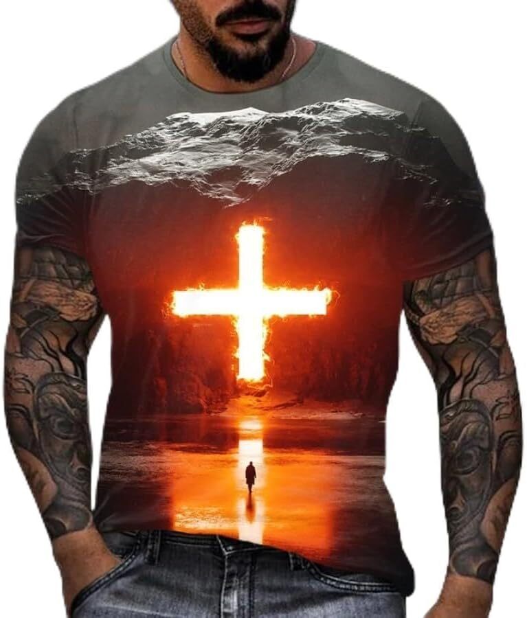 Mens T shirt Christian Cross Jesus Print 3D Unisex Casual T-Shirt Summer Fashion Short Sleeve Sports T-Shirt Tops tee Casual tops summer clothes breat