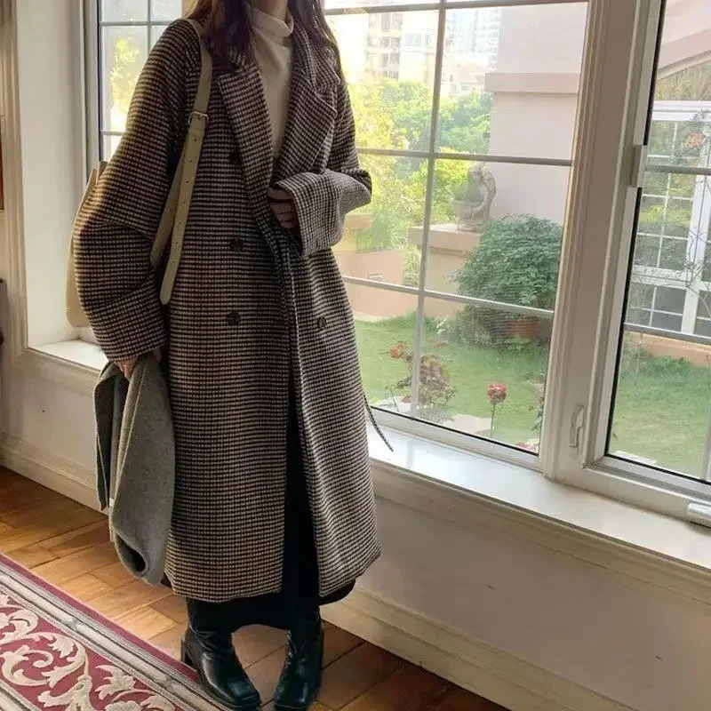 Womens outerwear plain weave tweed wool warm long jacket womens coat Korean fashion coat trench coat autumn/winter 241023