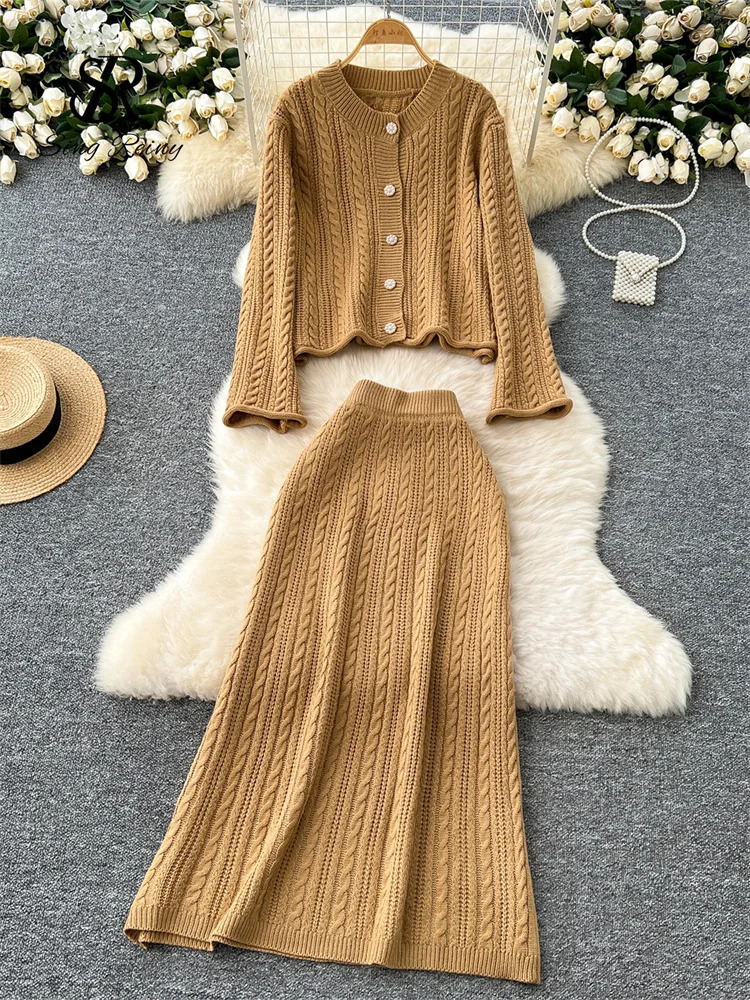 Singreiny American casual knit set womens long sleeved loose zipperelastic long thick warm sweater two-piece set 241023