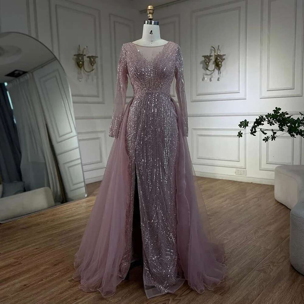 Hill Arabic Serene Pink With Overskirt Mermaid Beaded Evening Dresses Gowns For Women's Party 2024 Prom