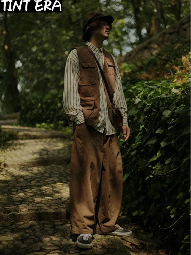 Japanese retro suit mens multi pocket cargo vest spring and autumn striped long sleeved shirt loose casual pants three piece set 241023