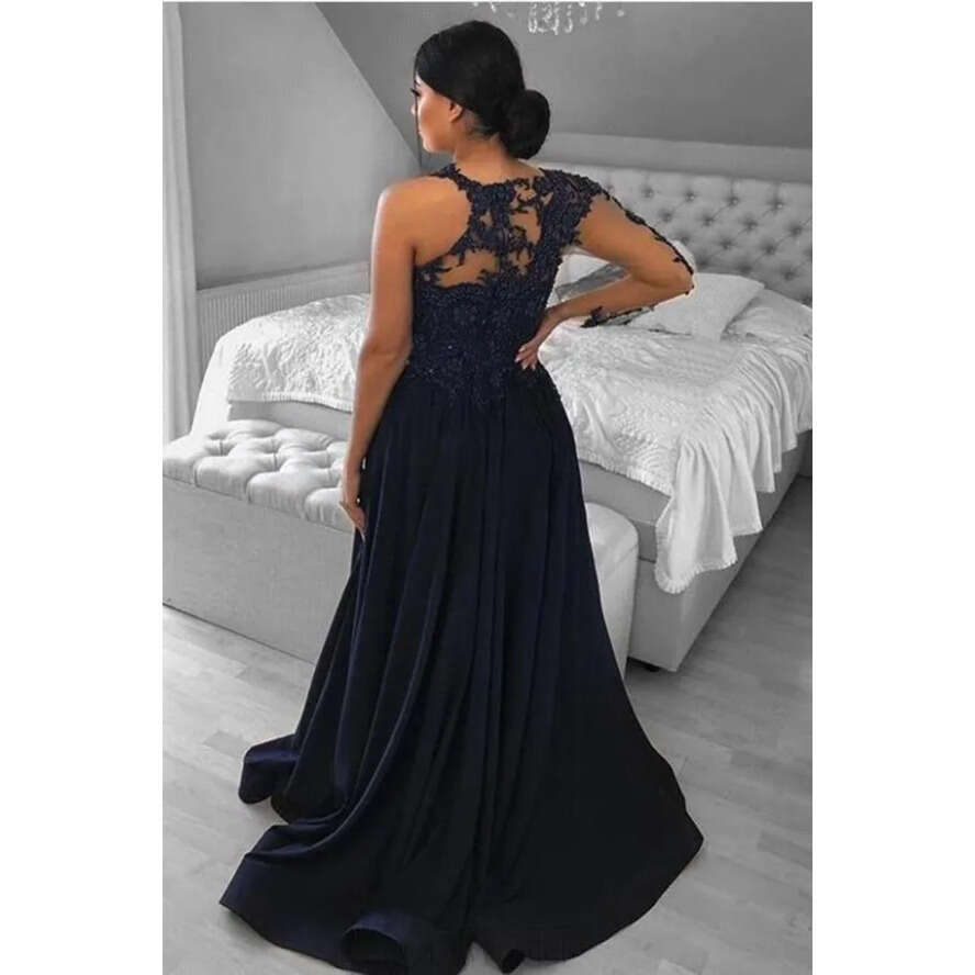 Lace Elegant Navy Blue Chiffon Evening With Front Split A E Appliques Jewel Neck Sheer Long Sleeve Prom Gowns Bridesmaid Dresses Bc12339 ppliques