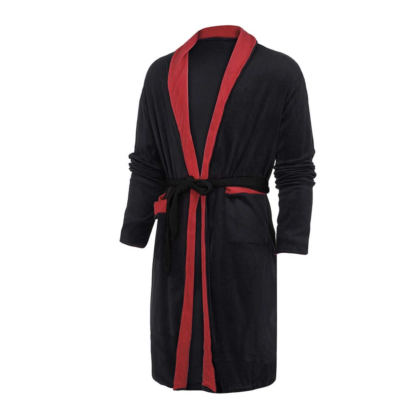 Pockets Slpwear Soft Mens Coral Flce Colorful Block Long Bath Robe Home Dress Slpwear Winter New Mens Robe Plus Size W241023