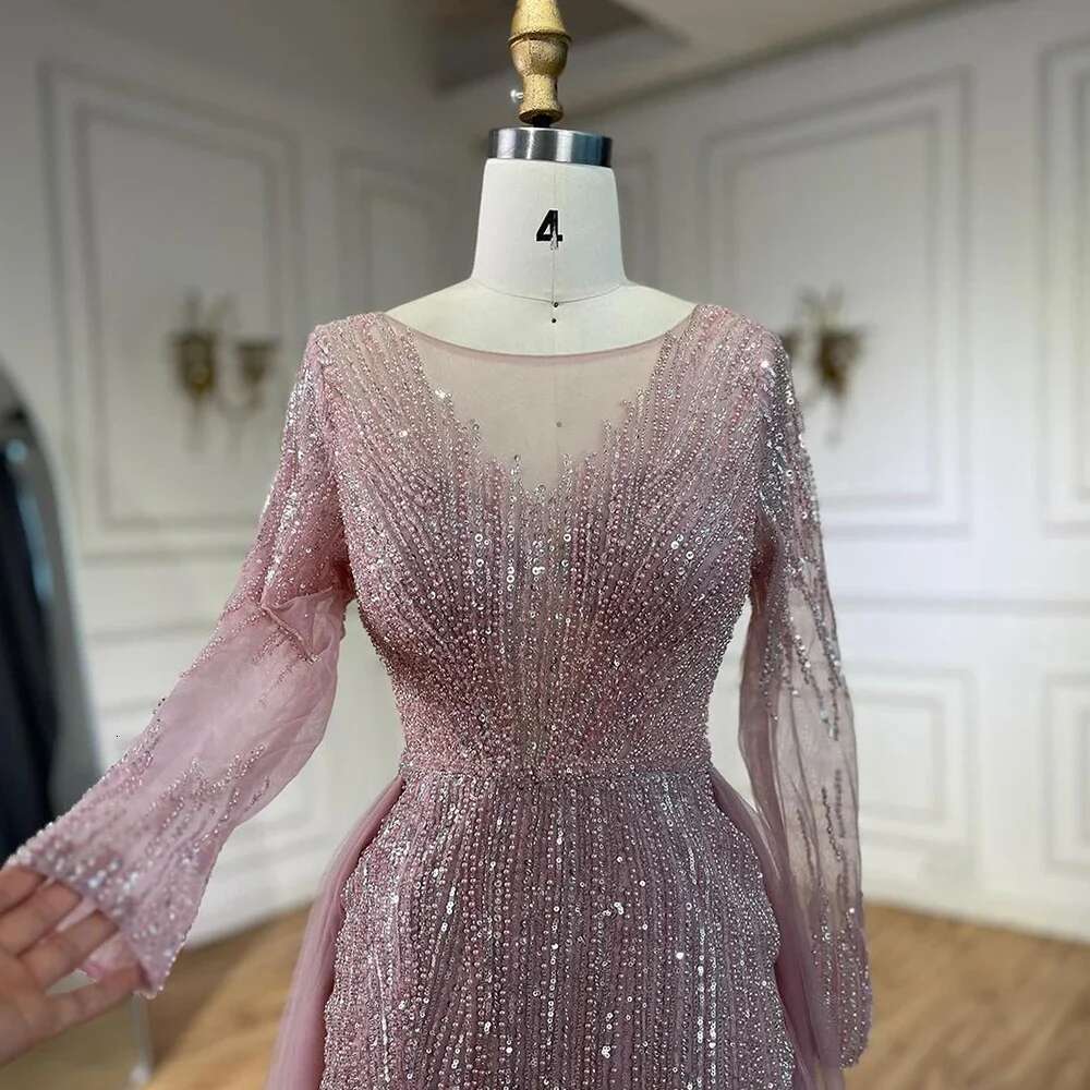 Hill Arabic Serene Pink With Overskirt Mermaid Beaded Evening Dresses Gowns For Women's Party 2024 Prom