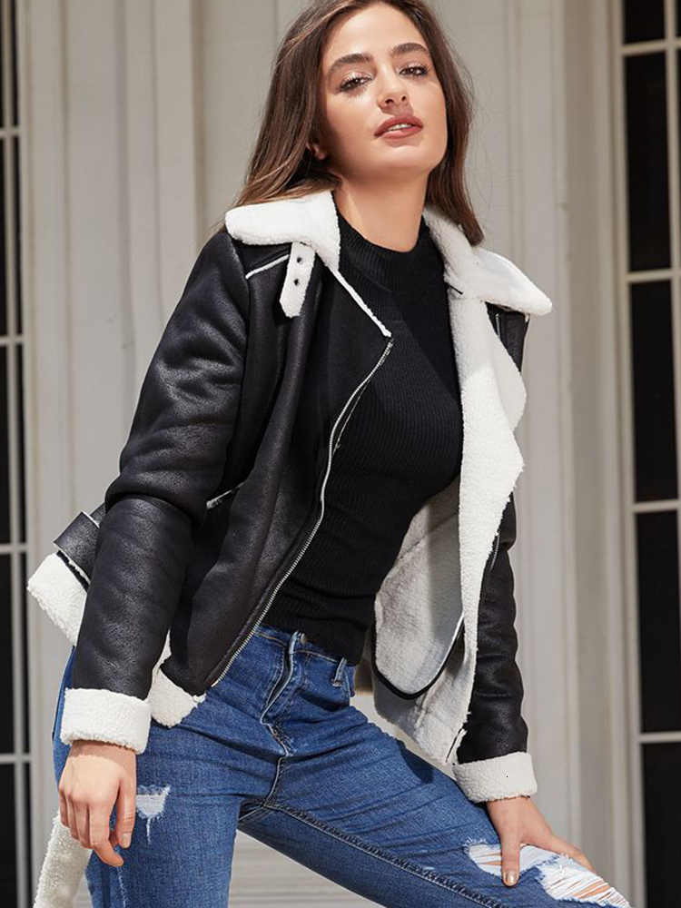 OIINAA Cking Faux Leather For Women Coat With Belt Thicken Warm Turn-Down Collar Coats Korean Fashion Female Jackets