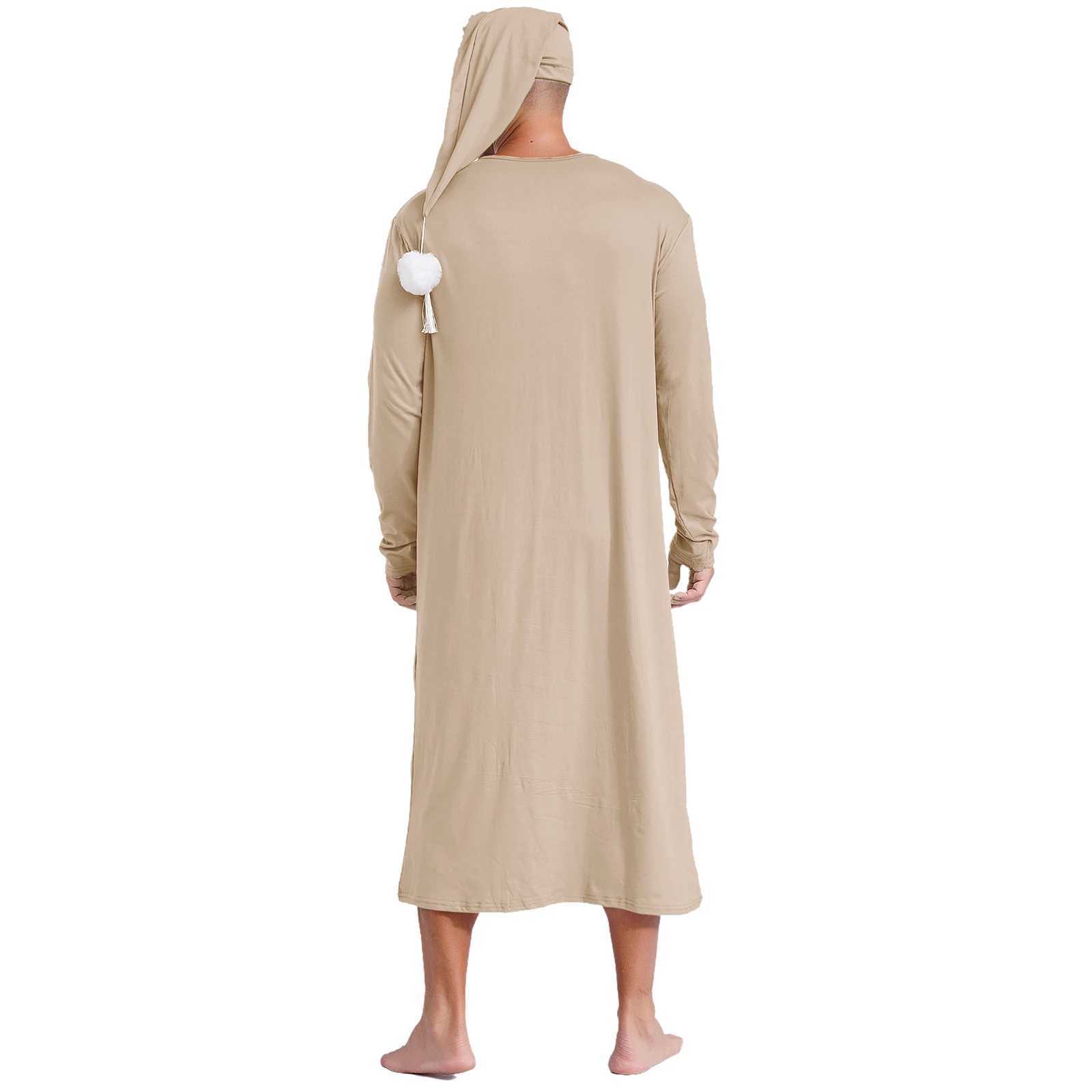 Mens solid Sp robe round neck long Sve Spwear pajamas loose bathroom pajamas with Pom pom hat W241023