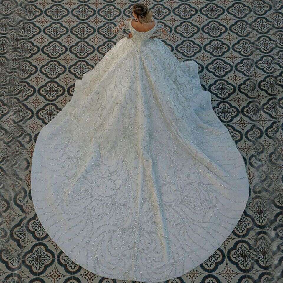 Crystals Beading Long Sleeves Wedding Dresses Arabic Dubai Glitter Sequined Ball Gown Bridal Gowns Vestidos De Novia