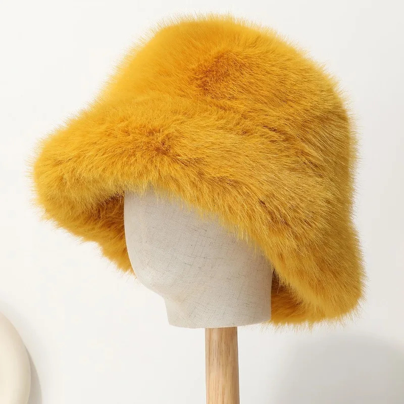 Colorful thick faux fur hat for women warm bucket hat for winter cold weather sweet girls hat for women fluffy fur fishermans hat 241023