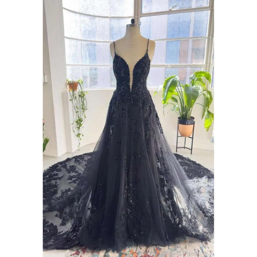 Image Ink Blue Real Lace Tulle Evening Dresess Sexy Backless Spaghetti Straps A E Party Ocn Gowns Black Girls Prom Dress Open Back Bc16466