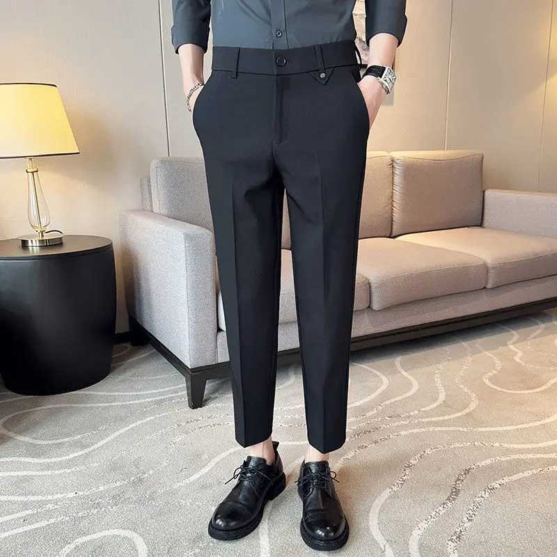 2024 New Spring and Autumn High End Fashion Business Casual High Waist Button Pocket Hanging Straight Crop Suit Pants for MenX241023