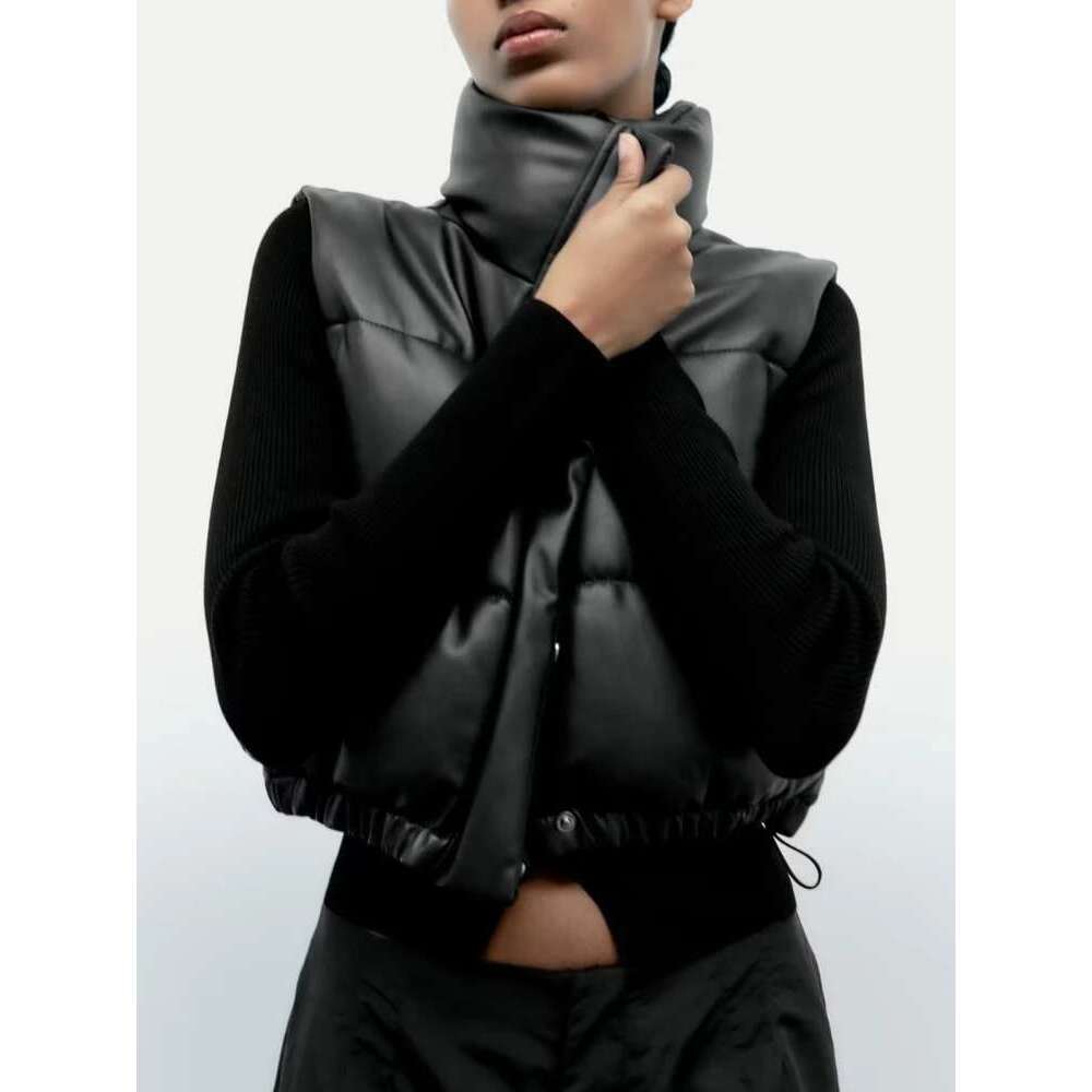 ZBZA Fall Winter New Women Fashion Thick Warm Faux Leather Cropped Padded Waistcoat High Neck PU Vest Female Outerwear Chic Tops
