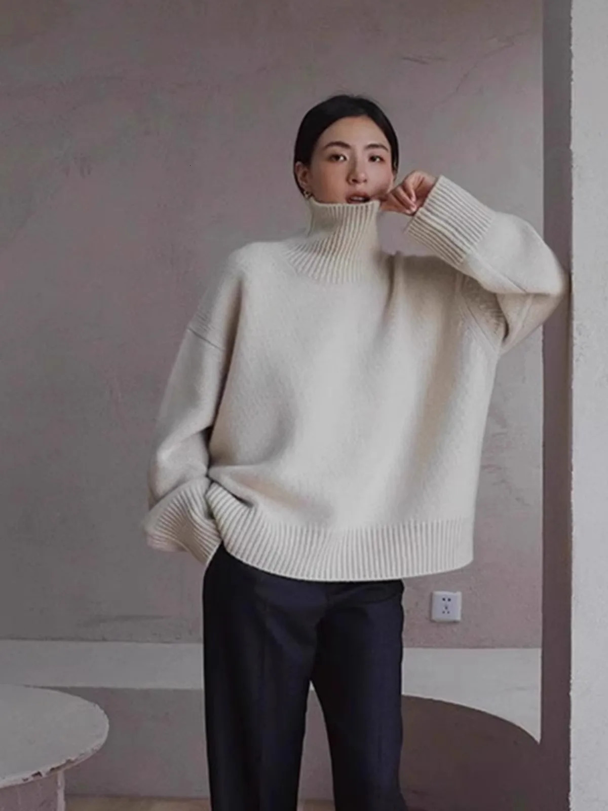 Highend soft waxy turtleneck 100% pure cashmere sweater womens lazy loose silhouette thickened base wool 241021