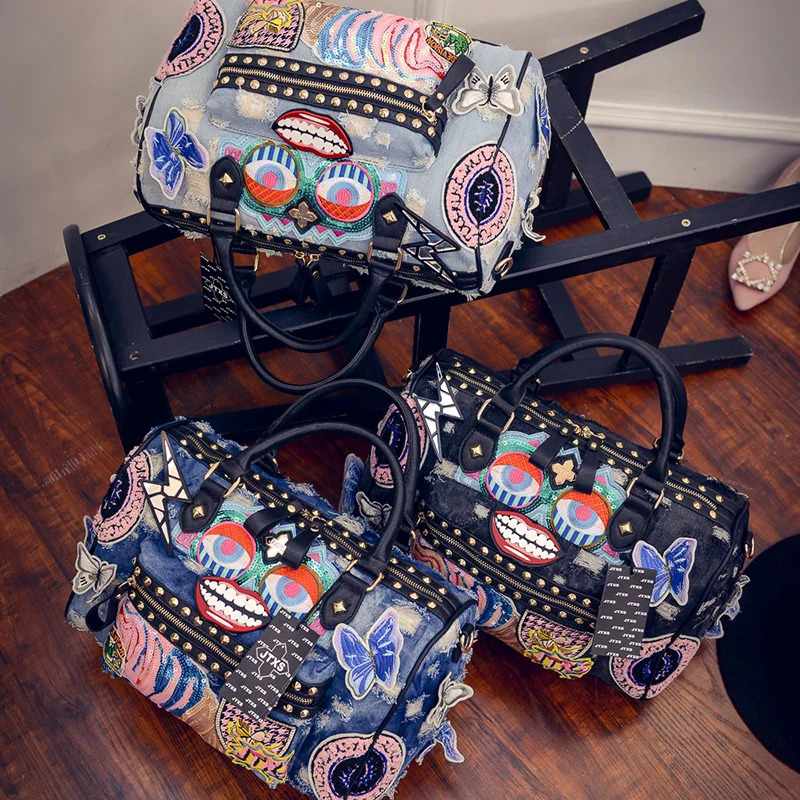 Rock Style Fashion Women Denim Handbags Casual Shoulder Bags Vintage Demin Blue Top Handle Bags Bolsa Large Travel Bags 241023