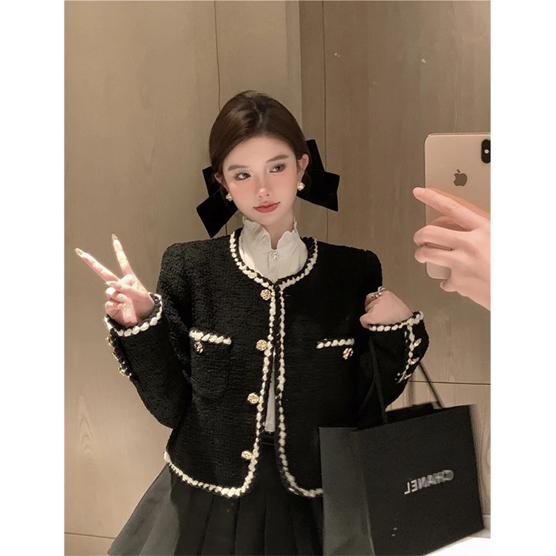 MEXZT Retro Coarse Felt Jacket Womens Elegant Black Cutting Set Coat Korean Thick Coat Single Chest Short Coat Top 241023