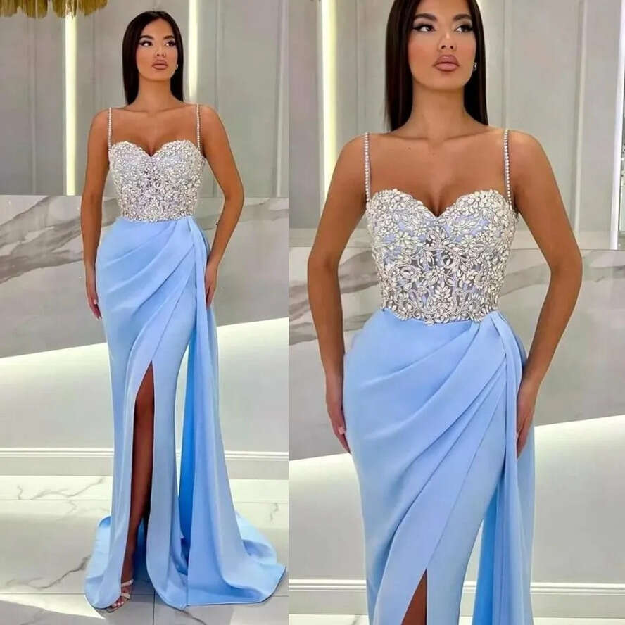 Black Split Light Stunning Evening Dresses Sexy Mermaid Spaghetti Straps Beads Appliques Women Ocn Party Vestidos Prom Gowns Arabic Bc18843
