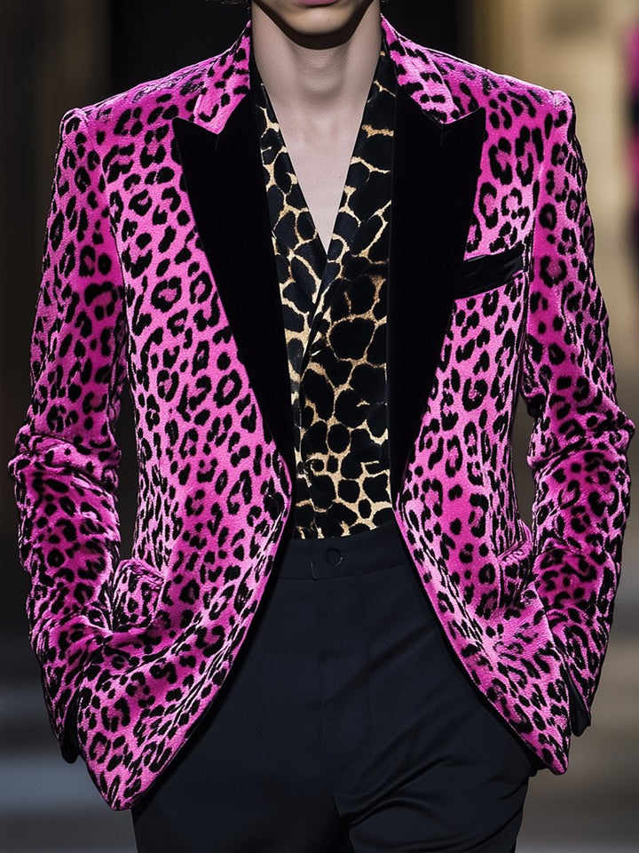 Pink Leopard Print Men Wedding Tuxedos Black Peaked Lapel Tailored Pants Suits Birthday Party Prom Groom Wear 2 Pieces