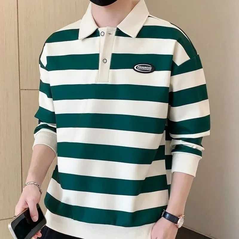 T Polo Shirts for Men Stripe Green Male Clothes Sweatshirts Normal Tops Aesthetic Korean Autumn Y2k Bulk 2024 Tee Sale It 241010