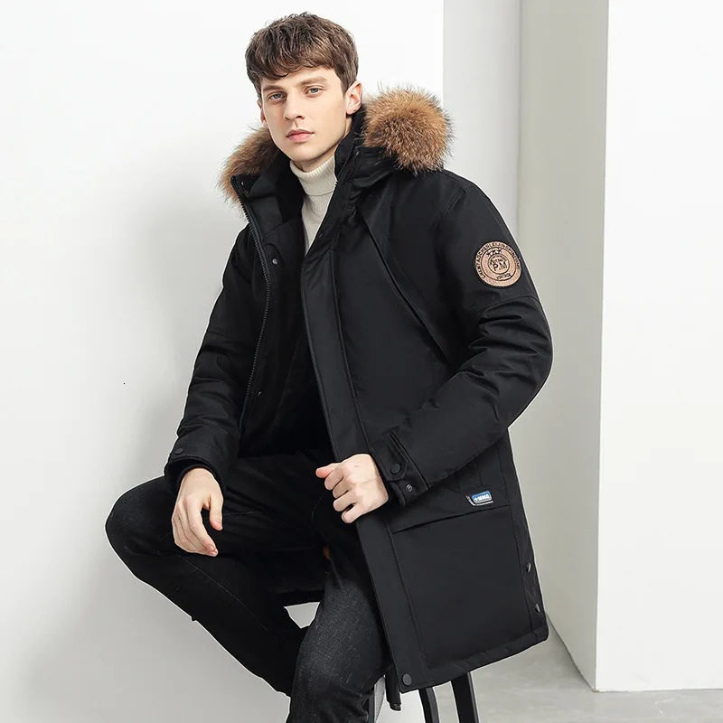 Big fur collar hooded white duck down jacket for couples loose windproof mens warm chiffon long inflatable jacket 241022