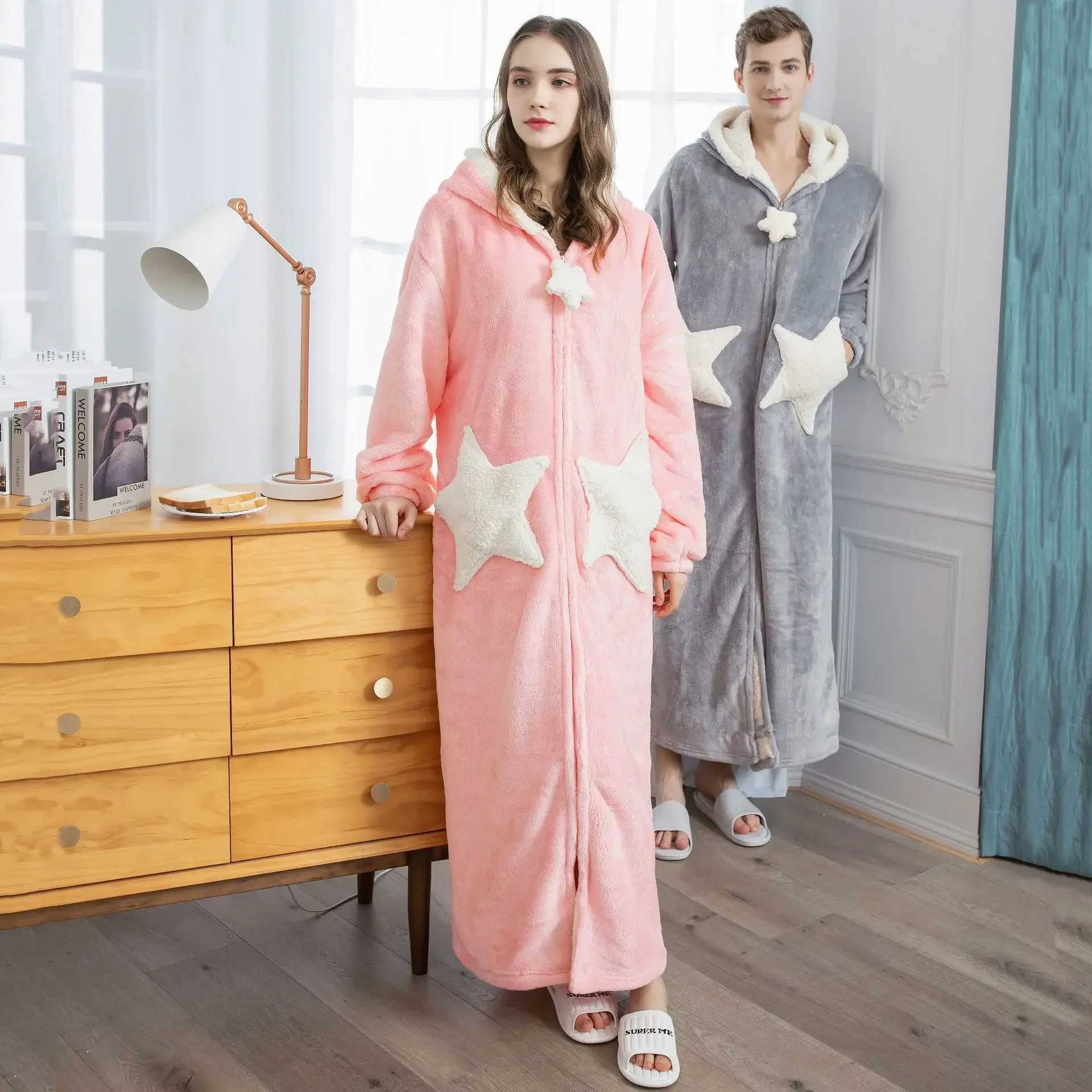 Couple Shower Clothes Winter Spwear Star Hoodie Long Bathroom Warm Plush Mens and Womens Terry Robe Korean New Pajamas Evening Dress W241023