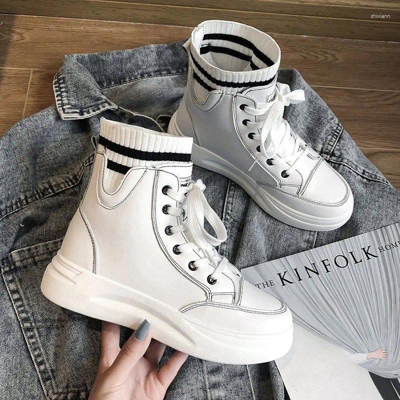 Boots Booties With Laces Leather Sports Short Shoes For Women Flat Female Ankle High Platform Sneakers Lace-up Footwear Goth Pu