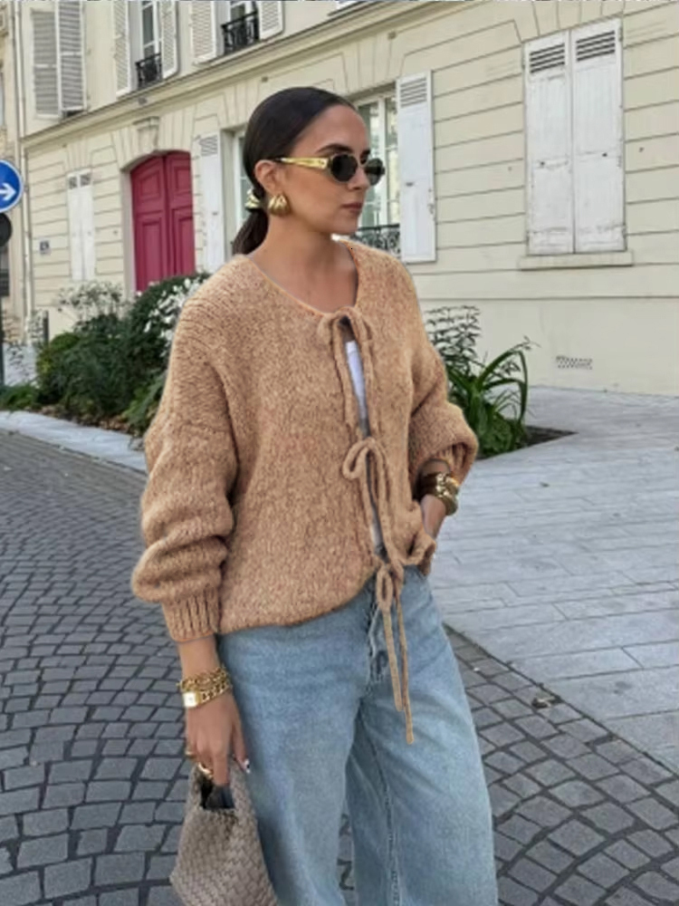 Fashion Casual Brown Lace Up Bow Knitted Cardigan O-Neck Long Sleeve Hollow Out Sweater Autumn Female High Street Knitwear