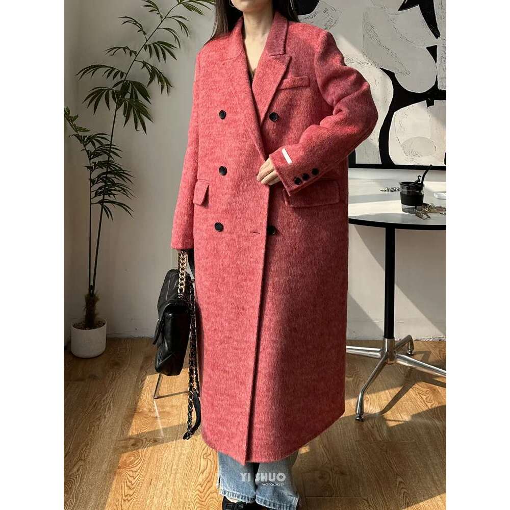 Rose Double-Sided Cashmere Rose Red Long Fashion Suit Collar Double-Breasted Wool Coat Women 2024 New Winter