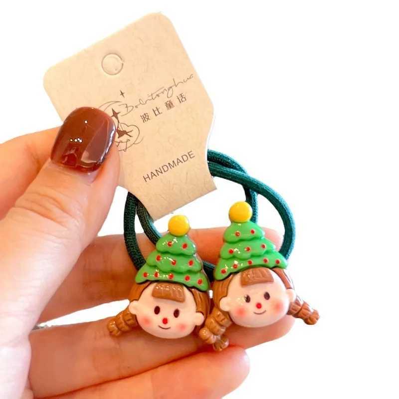 2PCS New Red Cartoon Christmas Girls Lovely Kids Elastic Hair Bands Princess Hair Accessories Children Hair Ties Baby HeadwearX241022