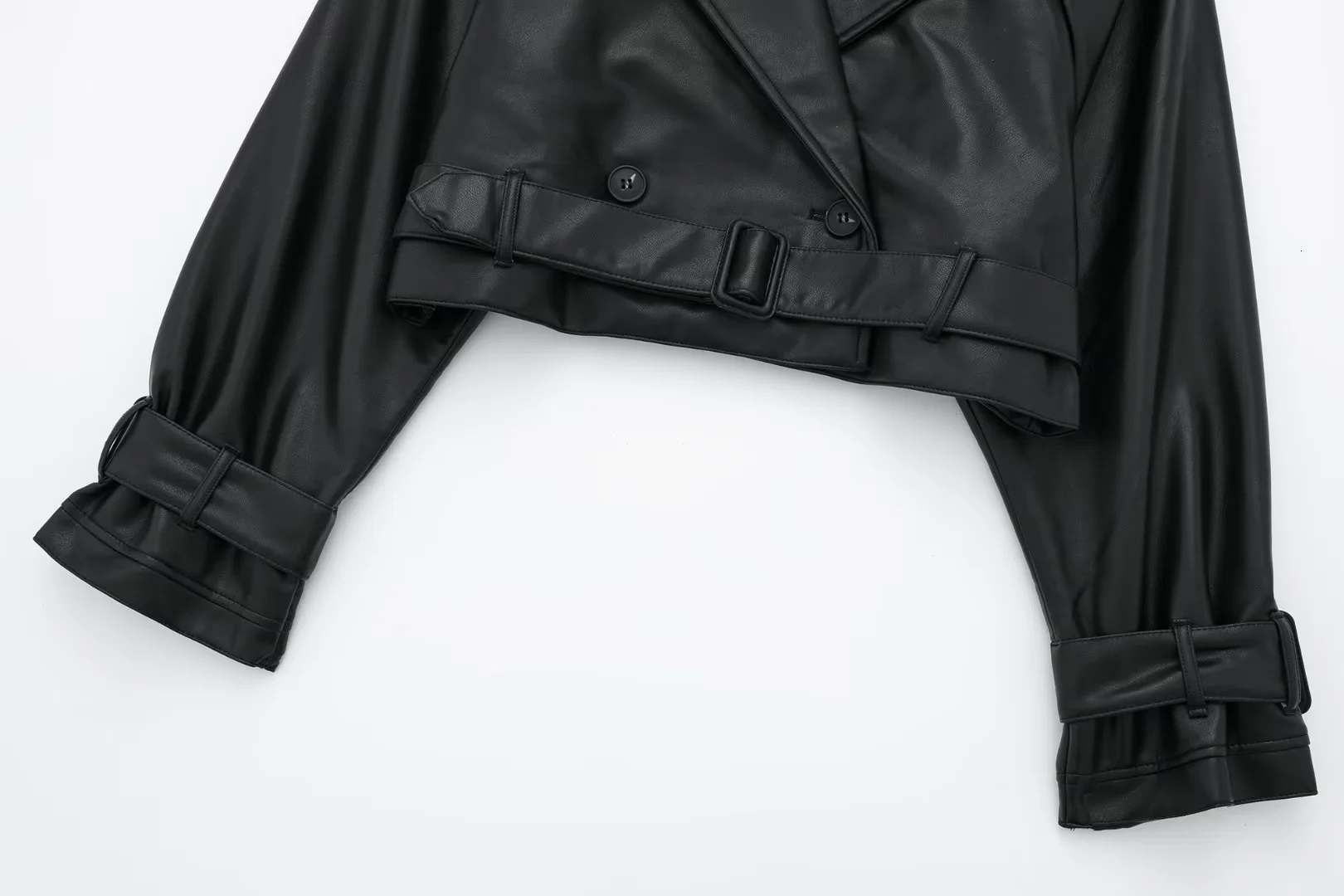 TRAF Cropped Black Woman Windbreaker Faux Leather Jacket Long Sleeve Trench Coat For Women Y2k Belt New In Jackets