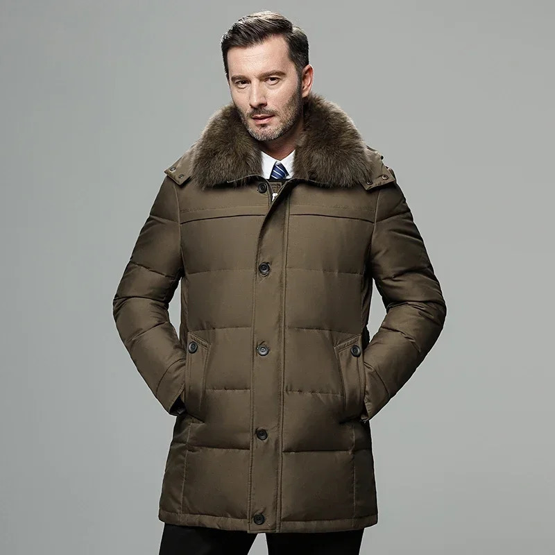 Mens winter coat fur collar hooded jacket thick warm white duck detachable hood mens windproof Parka large size 241022