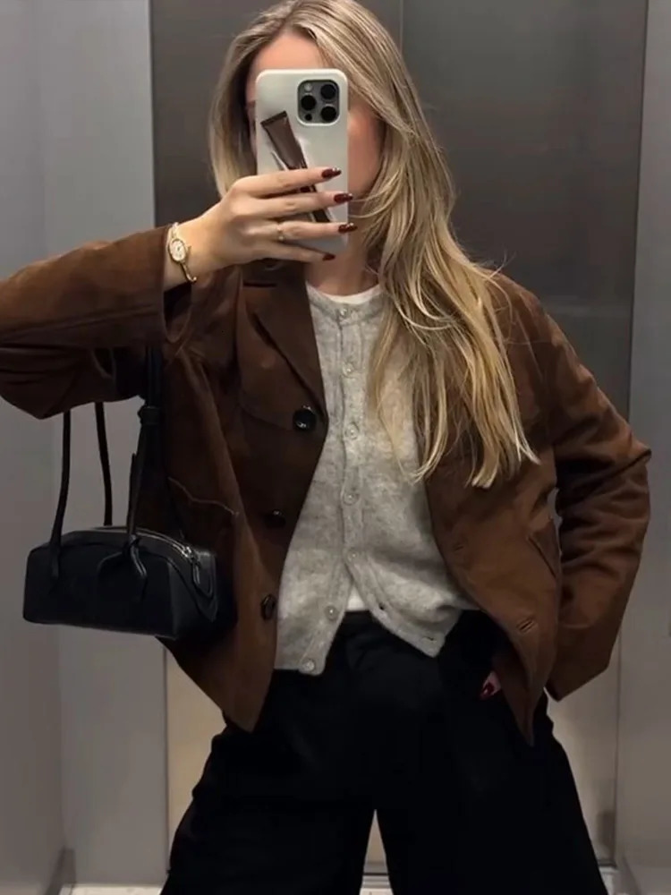 Flip collar single chest suede jacket for women retro short sleeved long sleeved jacket for women autumn casual brown high street jacket 241023