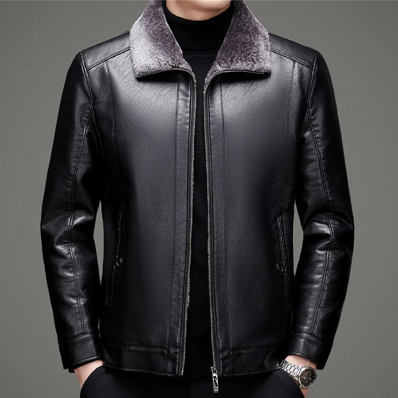 ZDT-8044 Winter Mens Genuine Leather Coat Plush Thick Casual Fur Integrated Collar Motorcycle Leather Jacket Coat 241023
