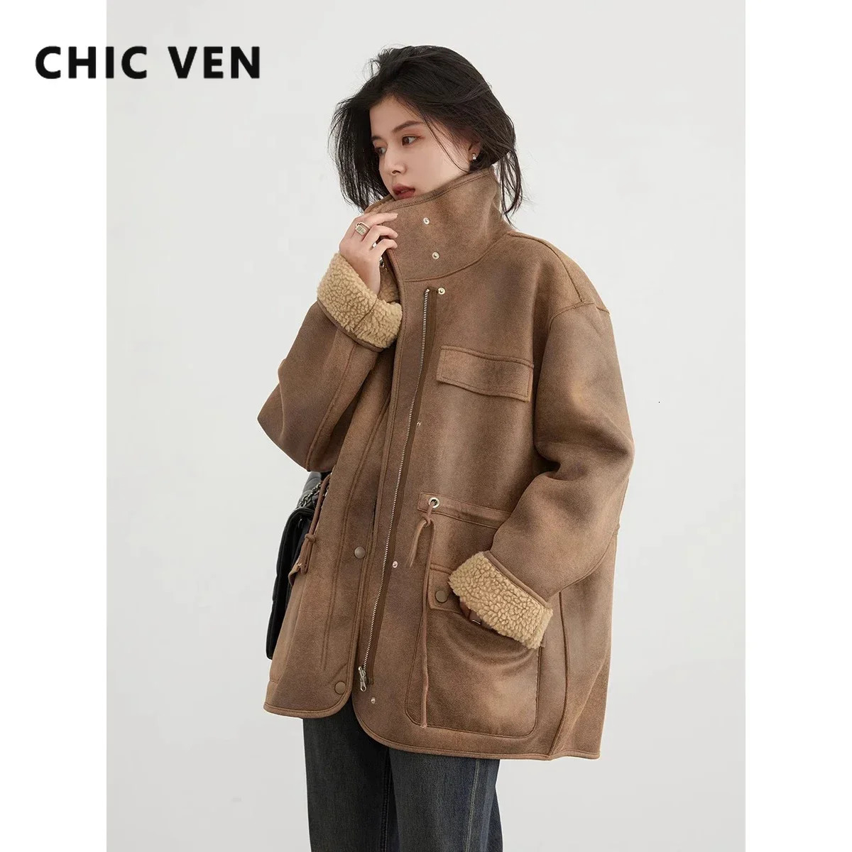 CHIC VEN Womens Jacket Thick and Sturdy Suede Reversible Jacket Motorcycle Coat Loose Womens Coat Winter Autumn 241023