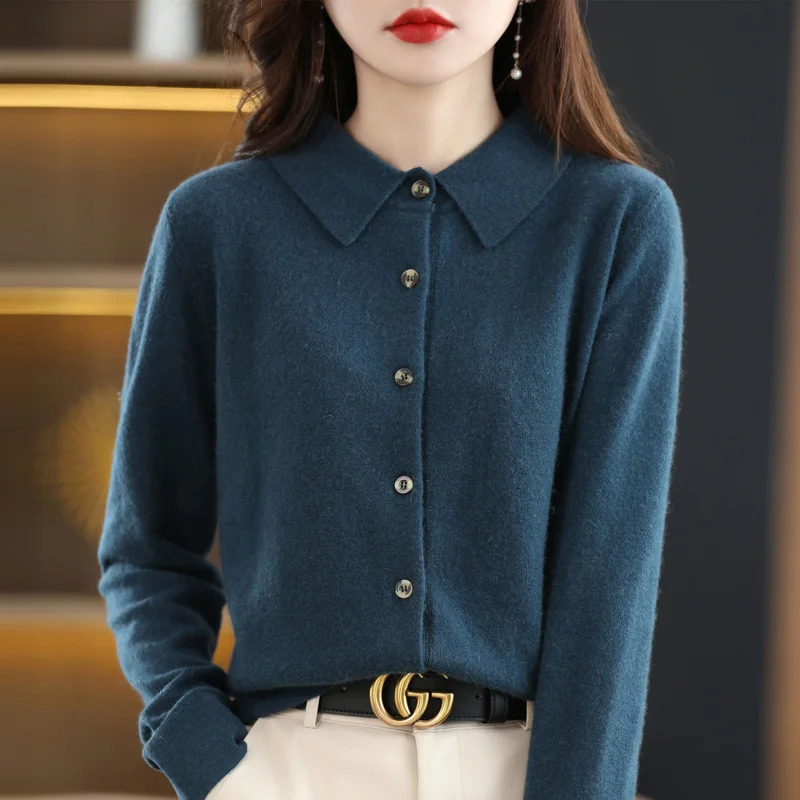 Womens collar pure wool cardigan autumn and winter merino cashmere sweater long sleeved formal knitted top S-XXL 241022