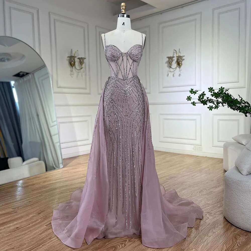Serene Hill 2024 Arabic Spaghetti Strap Pink Mermaid Overskirt Beaded Evening Dresses Gowns for Women Party