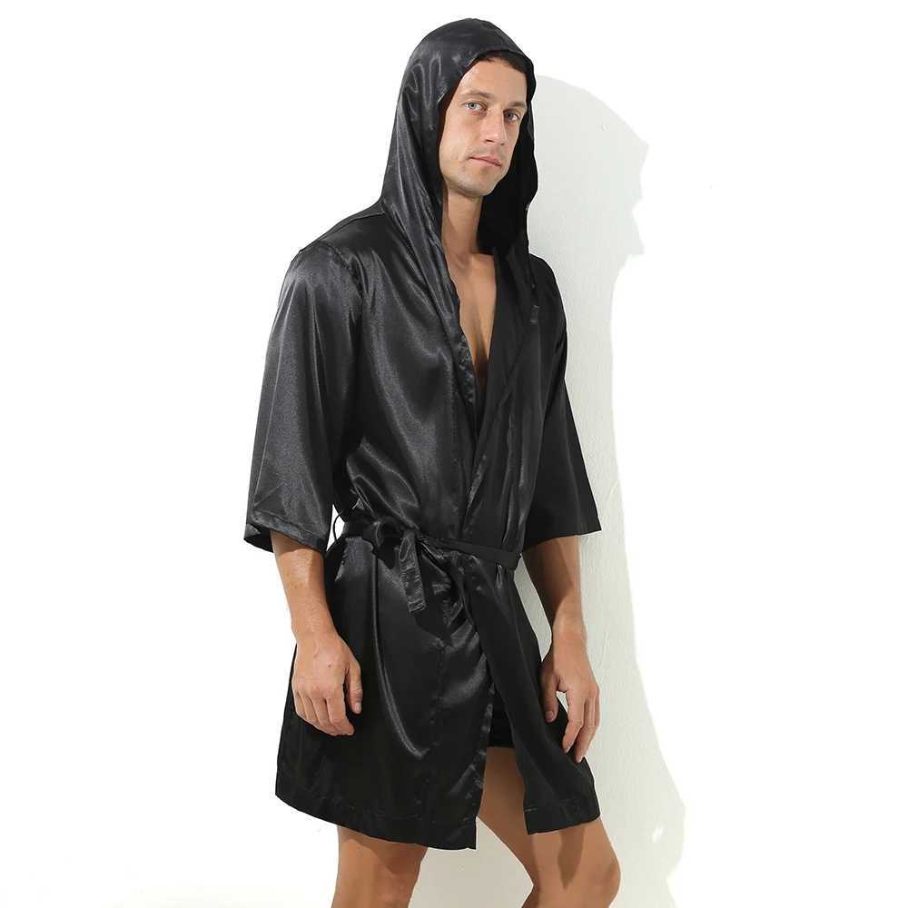 Hood Bathrobe Mens Shorts Set Pajamas Evening Dress Mens Silk Satin Night Light Kimono Bathrobe Spwear House Mens Robe W241023
