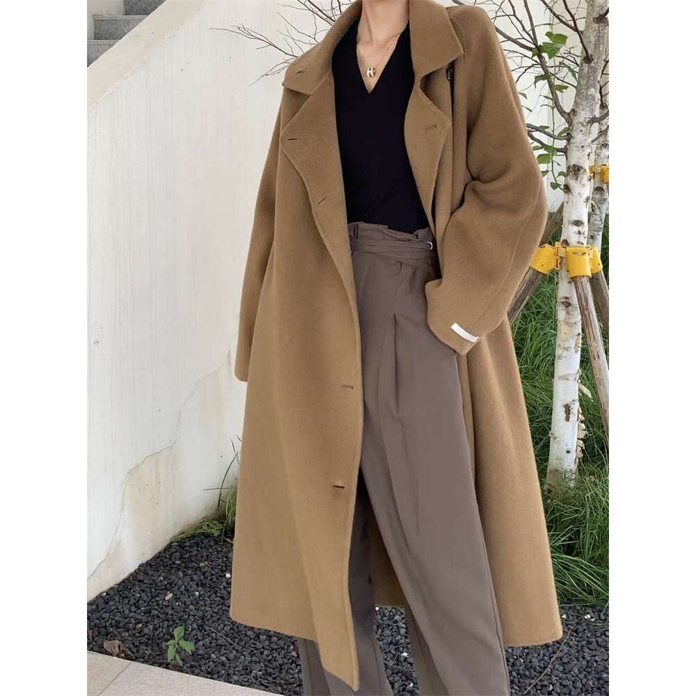 Rose Long Cashmere Coat Women Fashion Loose Lace-Up Stand Collar Double-Sided Single Breasted Woolen Coats Women 2024 New
