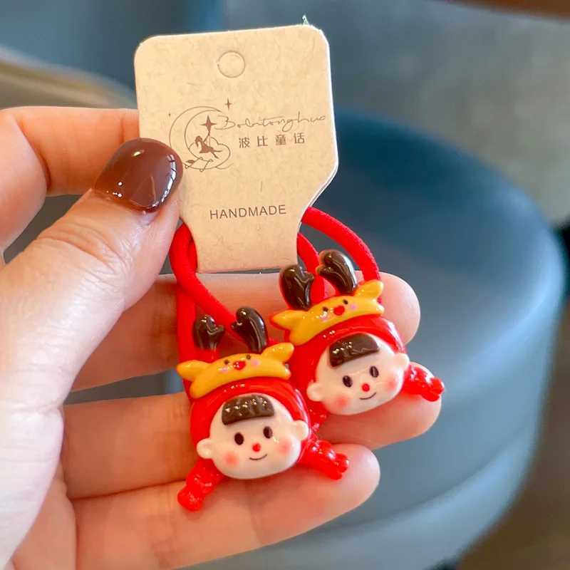 2PCS New Red Cartoon Christmas Girls Lovely Kids Elastic Hair Bands Princess Hair Accessories Children Hair Ties Baby HeadwearX241022