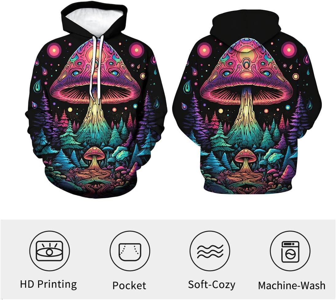 Hoodie for Mens Womens Unisex Funny Mushrooms Hoodie 3D Novelty Art Pattern Drawstring Long Sleeve Sweatshirt Hoodies Graphic Hip hop Warmth